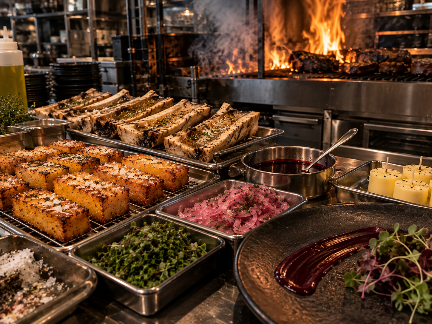 The kitchen pass — roasted bone marrow, polenta fries and pickled onion in front of the open fire